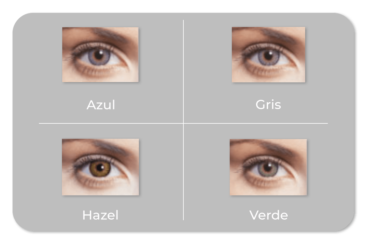 Imagen que muestra los diferentes colores de lentes Air Optix Colors: azul, gris, café, hazel, verde y honey.
