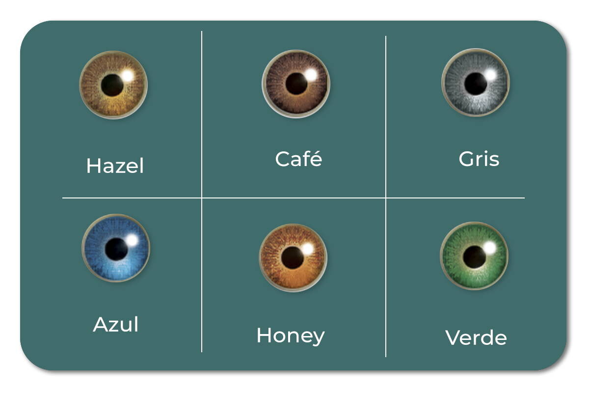 Imagen que muestra los diferentes colores de lentes Air Optix Colors: hazel, café, gris, azul, honey y verde.