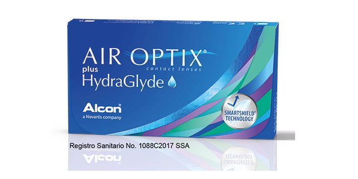 Imagen de la caja de lentes de contacto de reemplazo mensual de la marca Air Optix Aqua Hydraglyde.