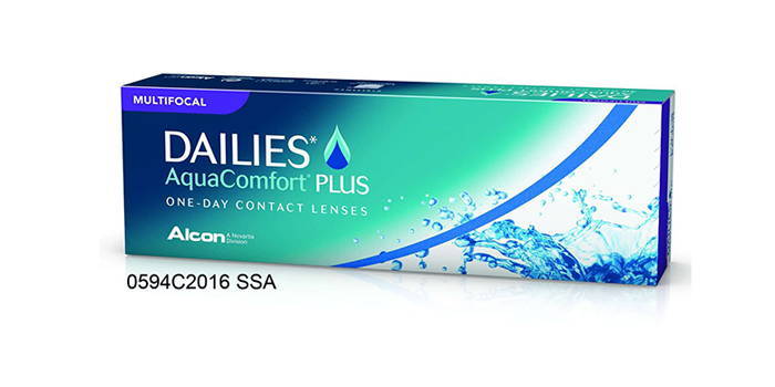 “Imagen de la caja de lentes de contacto de reemplazo diario de la marca Dailies Aqua Comfort Plus Multifocal.”