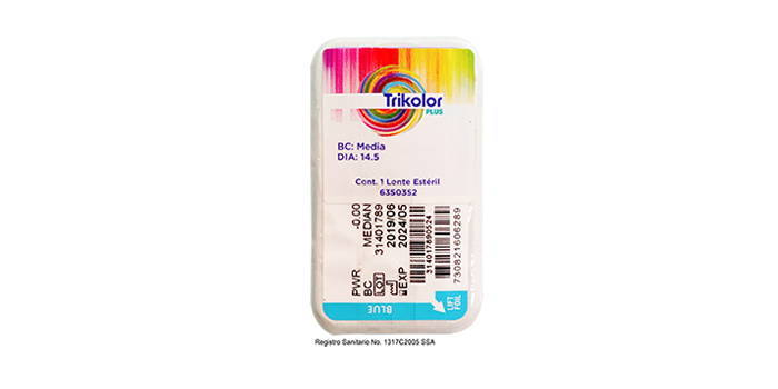 “Imagen de la caja de lentes de contacto de reemplazo mensual de la marca Trikolor Plus.”