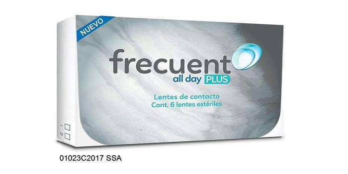 Imagen de la caja de lentes de contacto de reemplazo mensual de la marca Frecuent All Day Plus.