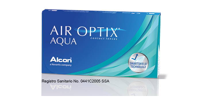 Imagen de la caja de lentes de contacto de reemplazo mensual de la marca Air Optix Aqua.