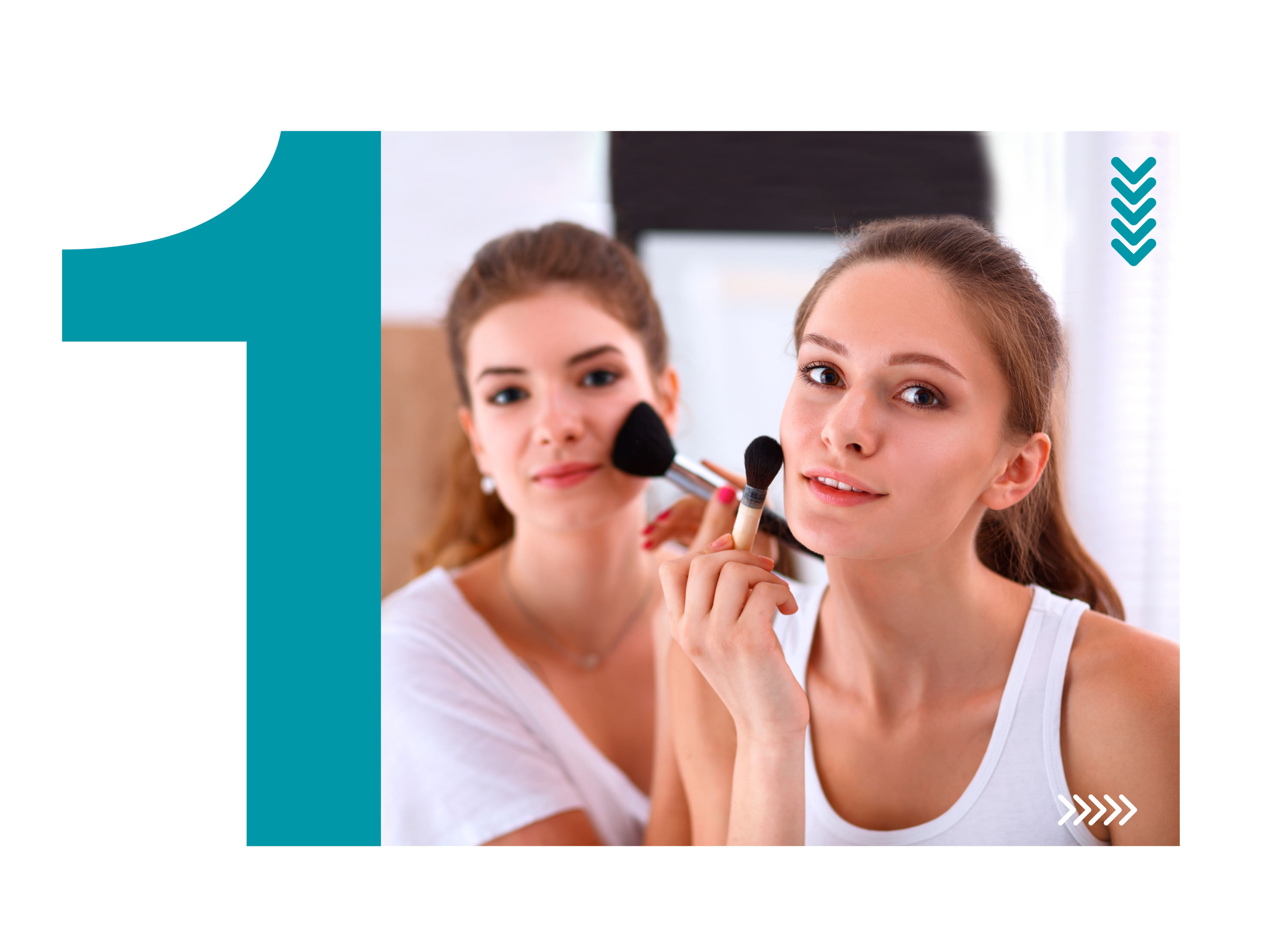 Dos amigas se ven al espejo mientras se maquillan y disfrutan de sus lentes de contacto desechables de uso diario. Dentro de la imagen tenemos el número 1.
