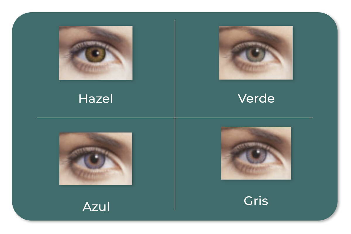 Imagen que muestra los diferentes colores de lentes de Trikolor Plus: hazel, verde, azul y gris.