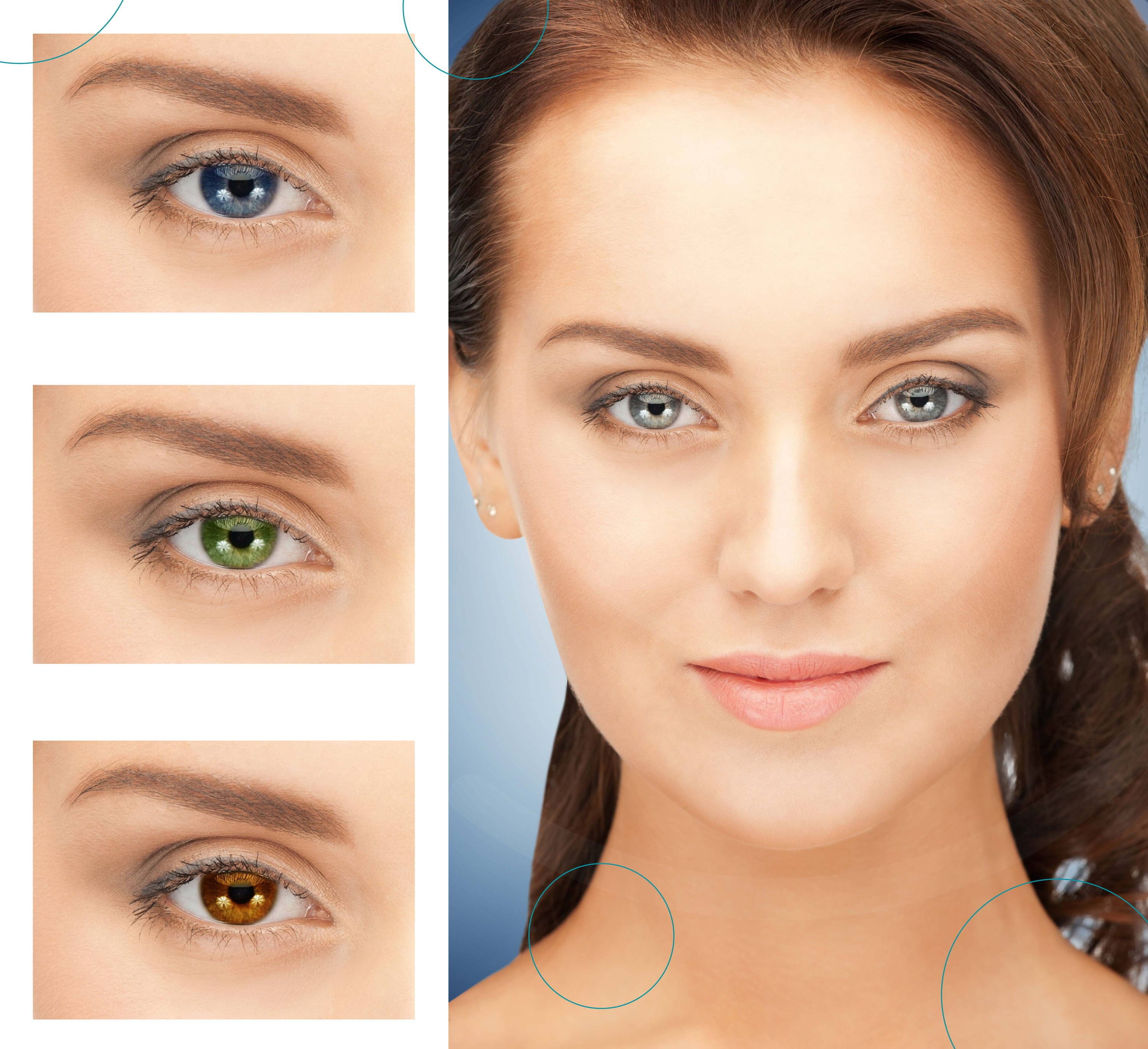 Foto del rostro de una mujer joven a la que le rodean pequeñas imágenes de su ojo derecho con diferentes tonos de lentes de contacto de color.