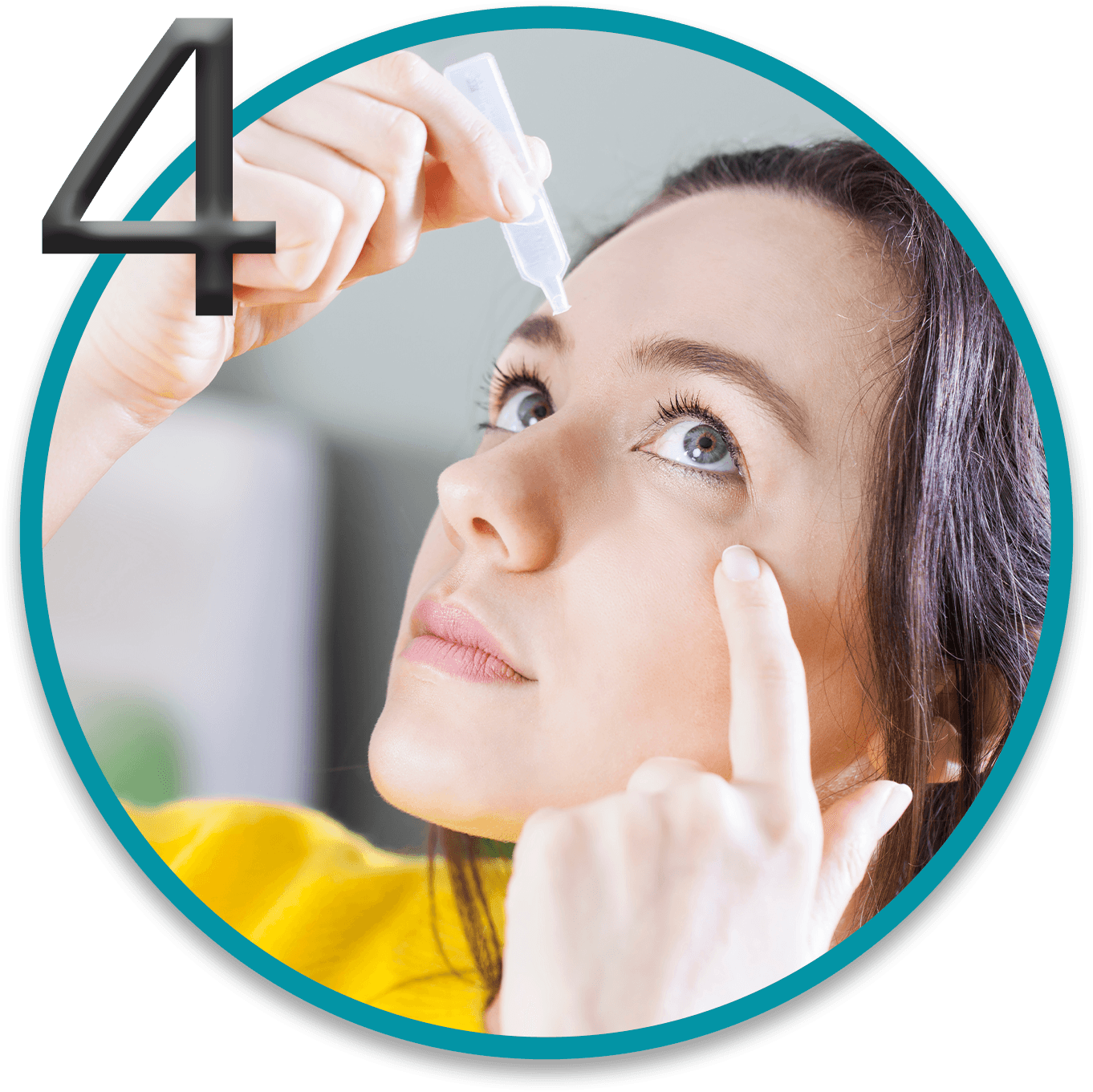 Imagen de una mujer que se está poniendo gotas lubricantes para mantener una visión cómoda con sus lentes de contacto. Dentro de la imagen tenemos el número 4.