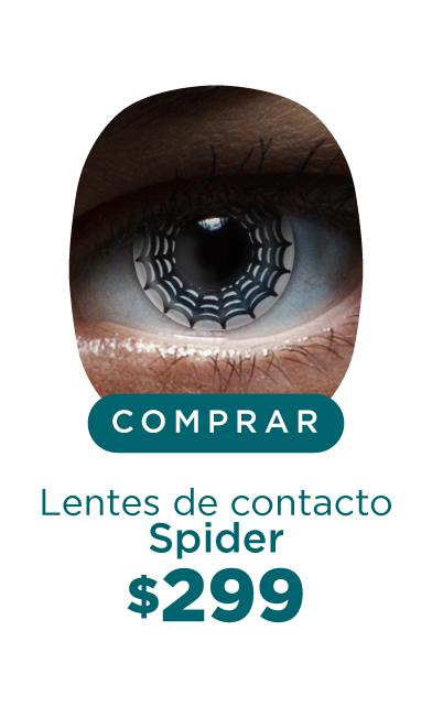 Imagen del ojo de una persona que lleva puesto un lente de contacto de color en tono blanco con una telaraña negra 