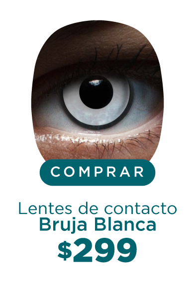 Imagen del ojo de una persona que lleva puesto un lente de contacto de color en tono blanco con contorno en color negro