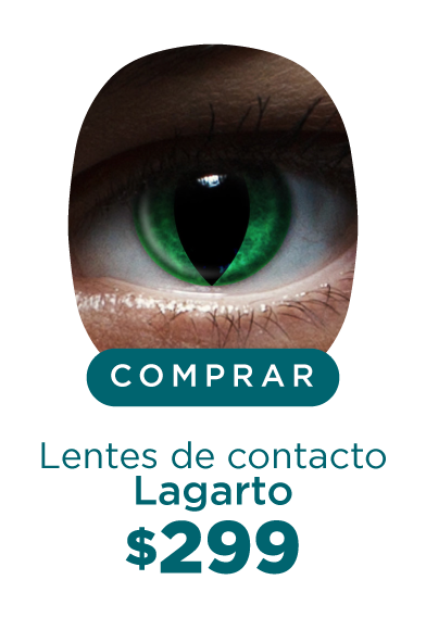 Imagen del ojo de una persona que lleva puesto un lente de contacto de color en tono verde, con una raya negra a la mitad