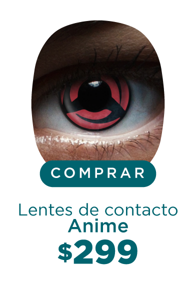 Imagen del ojo de una persona que lleva puesto un lente de contacto de color en tono rojo con textura de navajas negras que forman un triangulo 