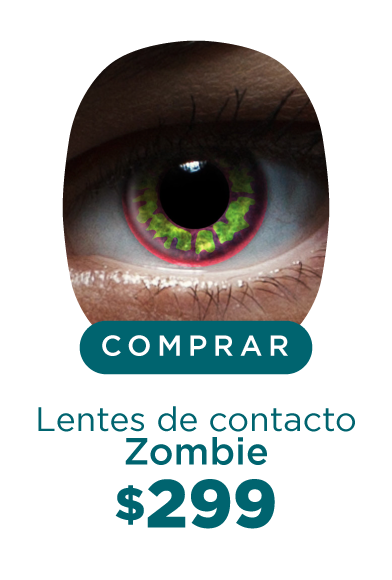 Imagen del ojo de una persona que lleva puesto un lente de contacto de color en tono verde con textura en color rojo